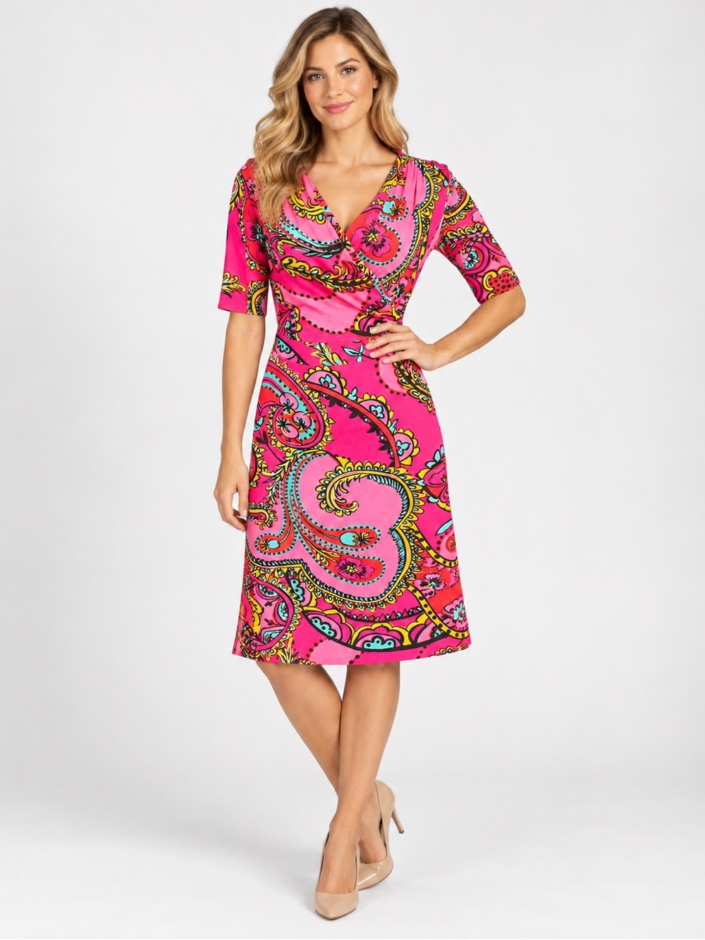 Lilly Pulitzer Pink Paisley Wrap Dress Size M Short Sleeve Stretch